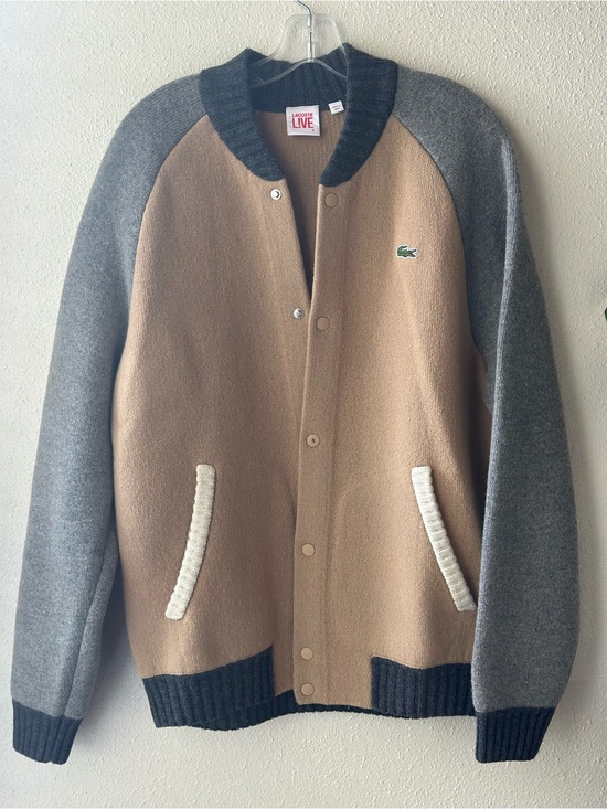 Lacoste Other - Lacoste L!VE Wool Varsity Men’s Cardigan Jacket - Tan & Gray